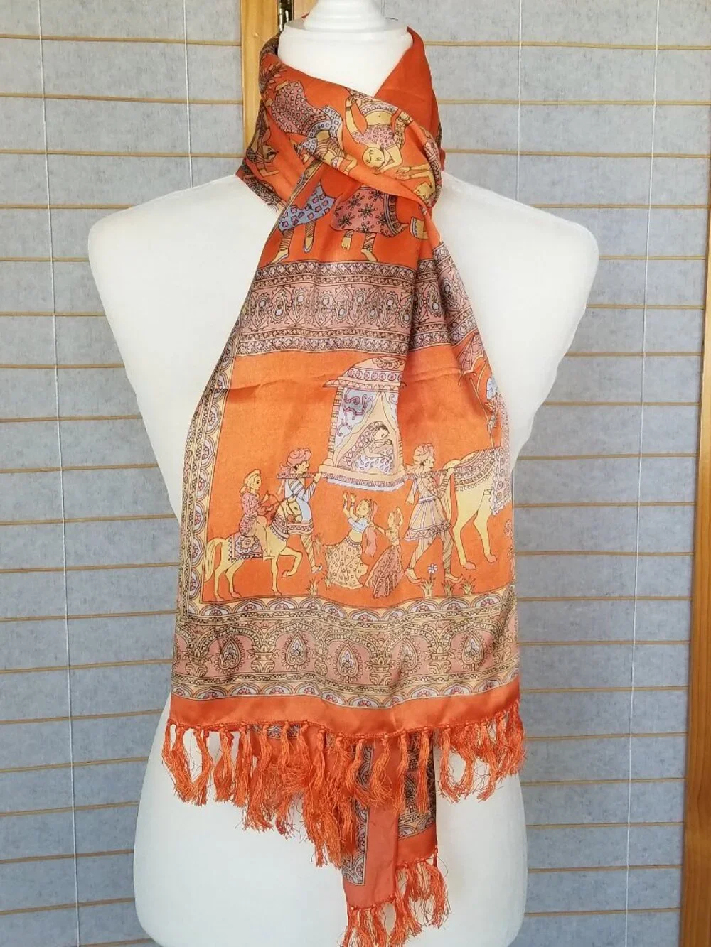 Extra Long Rectangular Scarf Wrap 100% Silk Satin Orange Blue Artistic Indian
